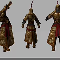 Historical Warrior In Ornate Golden Armor With Red Accents And Three Views