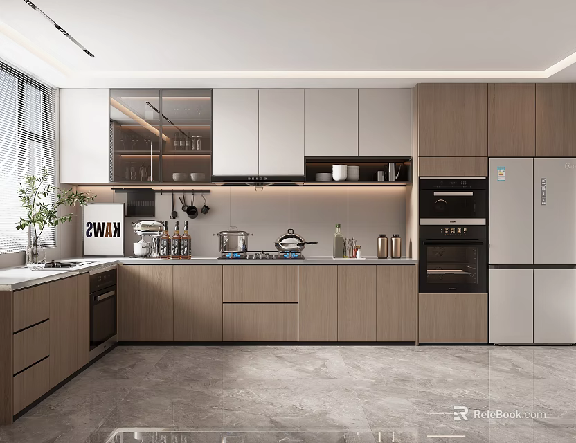 Modern Kitchen Interior With Wooden White Cabinets Stainless Steel Appliances And Gray Floor 3d model 