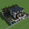 Two Story Detached Villa With Black Tiles Roof Parking Space Green Lawn And Swimming Pool