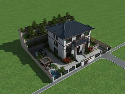 Two Story Detached Villa With Black Tiles Roof Parking Space Green Lawn And Swimming Pool 3d model