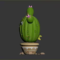 Cartoon Cactus With Smiling Face Big Eyes And Pink Flowers In Terracotta Pot