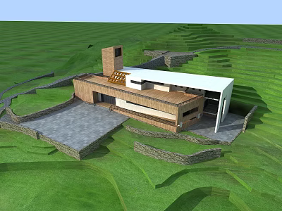 Modern Building Nestled in Green Terraced Fields With Stone Walls and Courtyard 3d model