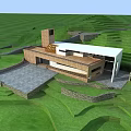 Modern Building Nestled in Green Terraced Fields With Stone Walls and Courtyard