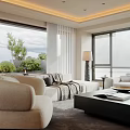 Open Concept Living Dining Room With Marble Island Pendant Lights Large Windows Sofa Area