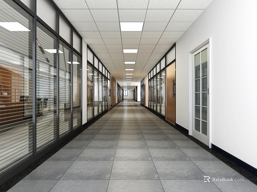 Modern Office Corridor Design With Glass Partitions Tile Flooring And Ceiling Lights 3d model 