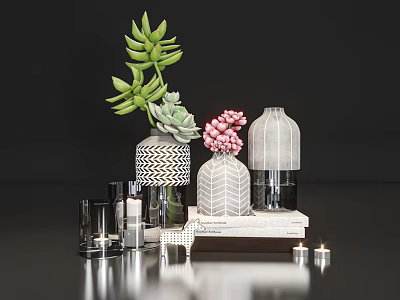 Modern Ornamental Decor Combination With Green Succulents Pink Flowers Vases Books And Candles 3d model