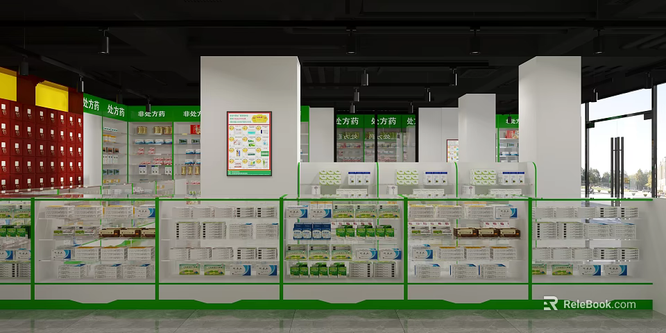 Organized Pharmacy Interior With Shelves Stocked Full Of Medicines And Green Signboards 3d model 