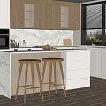 Modern Bar Area Interior Design With Marble Countertop And Wooden Stools Cabinetry
