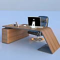 Modern Wooden Office Desk With Laptop Leather Chair And Office Supplies