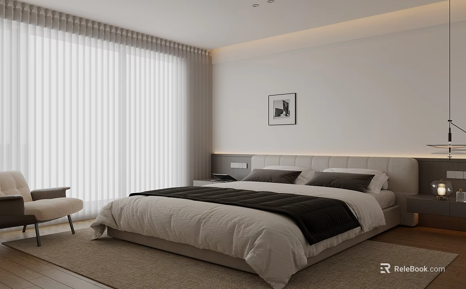 Modern Bedroom Interior With Upholstered Headboard Neutral Bedding Curtains Accent Chair and Wall Art 3d model 