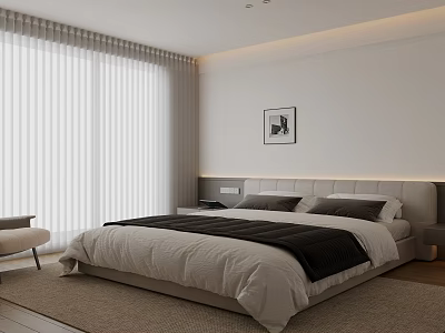Modern Bedroom Interior With Upholstered Headboard Neutral Bedding Curtains Accent Chair and Wall Art 3d model