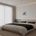 Modern Bedroom Interior With Upholstered Headboard Neutral Bedding Curtains Accent Chair and Wall Art