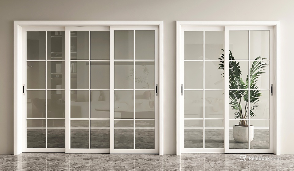 Modern Sliding Doors with White Frame and Grid Glass in Interior Space with Green Plant 3d model 