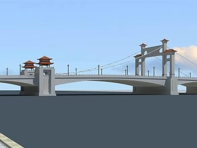 Chinese Style Bridge Featuring Traditional Pavilions Crossing Water Under Blue Sky 3d model