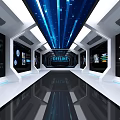 Futuristic Exhibition Hall Interior With Blue Lighting Digital Screens And Data Visualization 3d model
