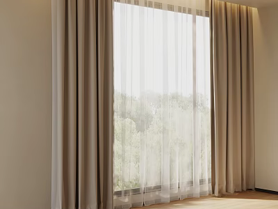 Beige Curtains With White Sheer Panels Framing Window Letting Natural Light Into Wooden Floor Room 3d model
