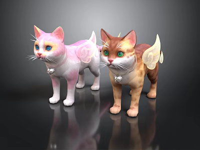 Cute Cat Figurines With Wings And Bells In Pink And Brown Yellow Colors 3d model