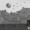 Traditional Style Background Wall With Full Moon Flying Birds Tile Roof Pattern And Stone Texture
