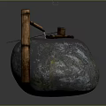 Rustic Garden Ornament Featuring Stone Container Wooden Lever And Natural Mossy Texture