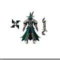 Fantasy Mage Character With Ornate Green And Gold Armor Pointed Hat And Dual Bladed Weapons