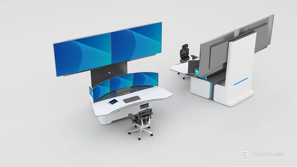 Modern Office Desk and Chair Set With Curved Desktop Multiple Screens and Storage Cabinet 3d model 