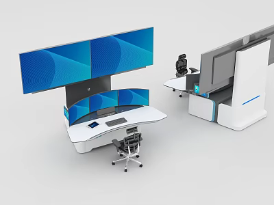 Modern Office Desk and Chair Set With Curved Desktop Multiple Screens and Storage Cabinet 3d model