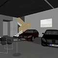Modern Car Showroom Interior Design With Luxury Vehicles And Staircase Display Sign
