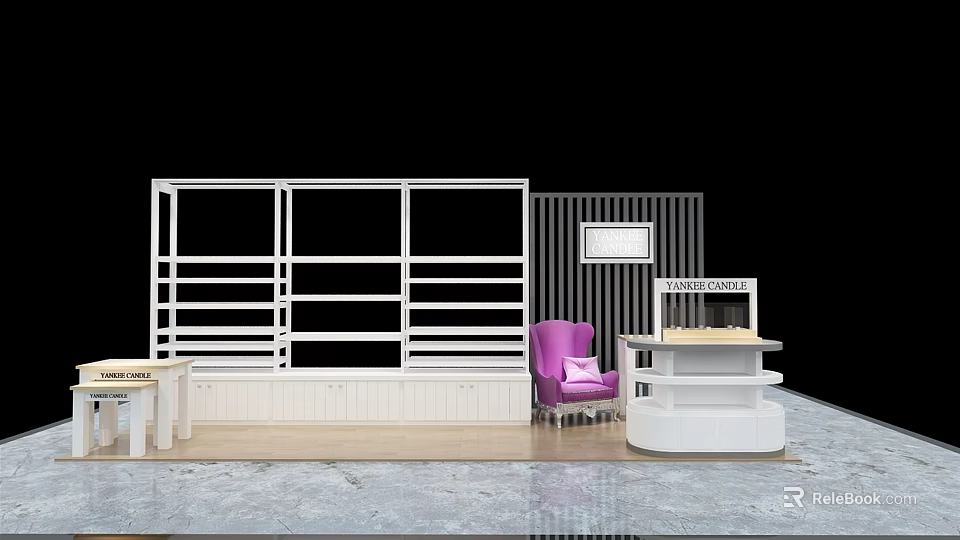 White Display Shelves With Purple Chair And Retail Counter In Modern Showcase 3d model 
