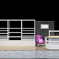 White Display Shelves With Purple Chair And Retail Counter In Modern Showcase