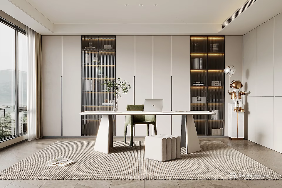 Modern Study Room Interior Design With Large Desk Lit Bookcases And Chair 3d model