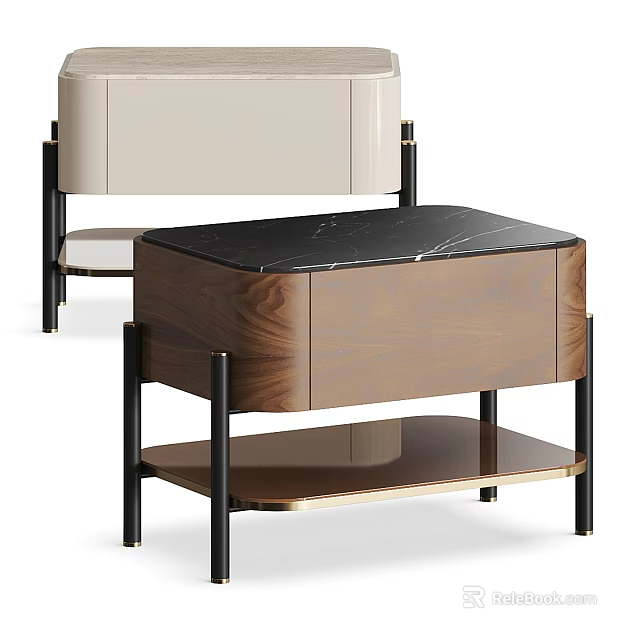 Modern Bedside Table With Wooden Cabinet Black Marble Top And Metal Legs 3d model 