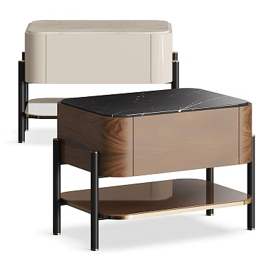 Modern Bedside Table With Wooden Cabinet Black Marble Top And Metal Legs 3d model