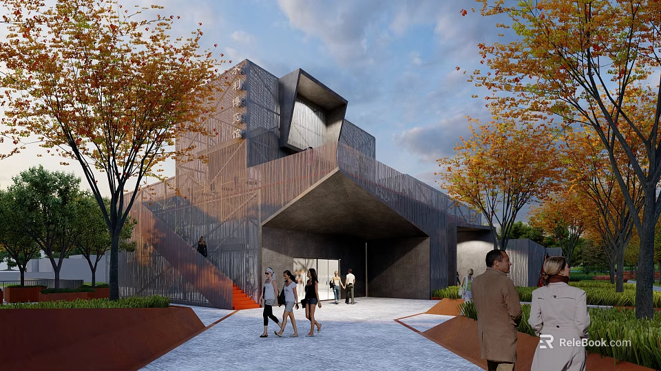 Modern Unique Geometric Architecture Outdoor Entrance Area with Trees and People 3d model 