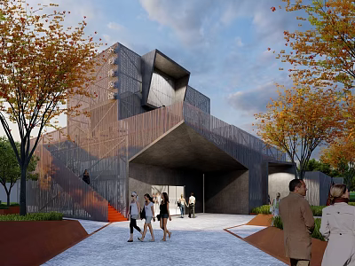 Modern Unique Geometric Architecture Outdoor Entrance Area with Trees and People 3d model