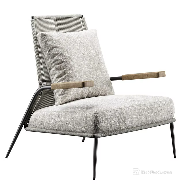 Modern Accent Chair with Gray Fabric Cushion Woven Backrest Wooden Armrests and Black Metal Legs 3d model 