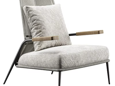 Modern Accent Chair with Gray Fabric Cushion Woven Backrest Wooden Armrests and Black Metal Legs 3d model