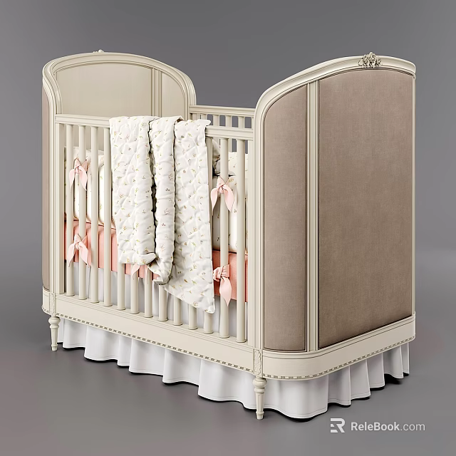 Elegant Cream Baby Bed With Upholstered Beige Headboard Pink Bows And Ruffled Skirt 3d model 