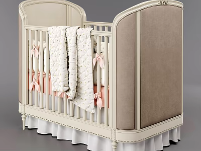 Elegant Cream Baby Bed With Upholstered Beige Headboard Pink Bows And Ruffled Skirt 3d model