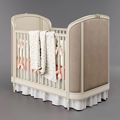 Elegant Cream Baby Bed With Upholstered Beige Headboard Pink Bows And Ruffled Skirt 3d model