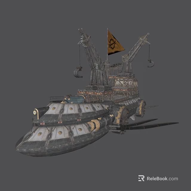 Vintage Wooden Ship With Mechanical Cranes Flag And Industrial Design Elements 3d model 