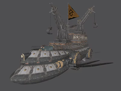 Vintage Wooden Ship With Mechanical Cranes Flag And Industrial Design Elements 3d model