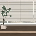 White Window Blinds With Potted Plant On Wooden Windowsill And Outside View