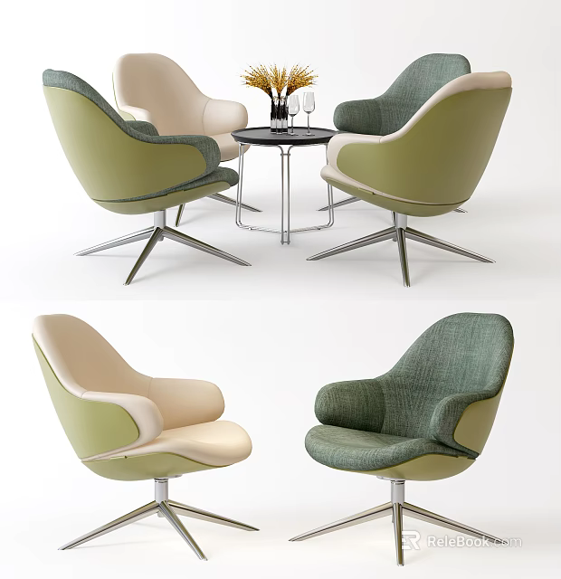 Modern Round Table And Armchair Set With Green Beige Upholstery And Metal Legs 3d model 