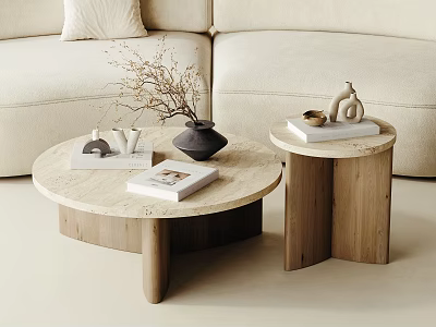 Modern Round Coffee Table With Marble Top Wooden Frame And Decorative Items By Beige Sofa 3d model