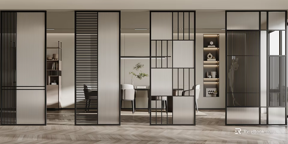 Modern Geometric Room Divider With Metal Frame In Open Interior Space 3d model 