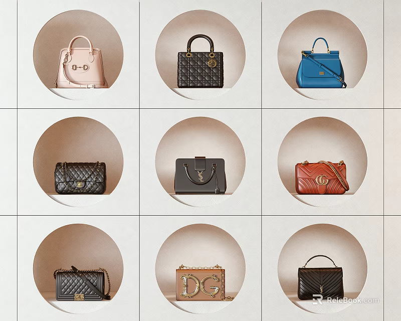 Various Stylish Handbags With Different Colors Quilted Patterns And Brand Logos Arranged In Circular Grid 3d model 