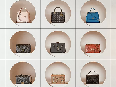 Various Stylish Handbags With Different Colors Quilted Patterns And Brand Logos Arranged In Circular Grid 3d model