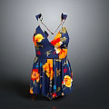 Women's Dark Blue Floral Dress With Yellow Red Flowers Spaghetti Straps V Neck Design