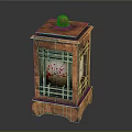Wooden Lantern Shaped Furniture With Lattice Panels Top Knob And Intricate Patterned Glass Shade