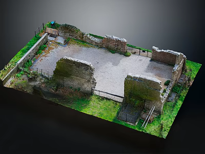 3D Model of Ancient Ruins Featuring Stone Walls Grass and Flagstone Courtyard 3d model